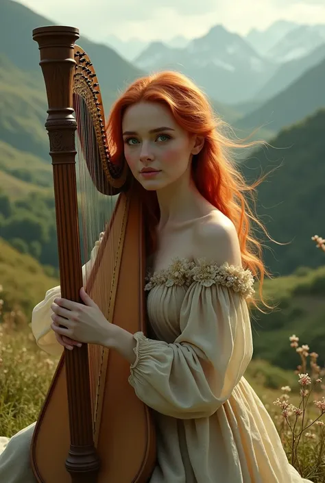 (photorealism:1.2), beautiful red haired woman, playing a harp in a magical scottish landscape