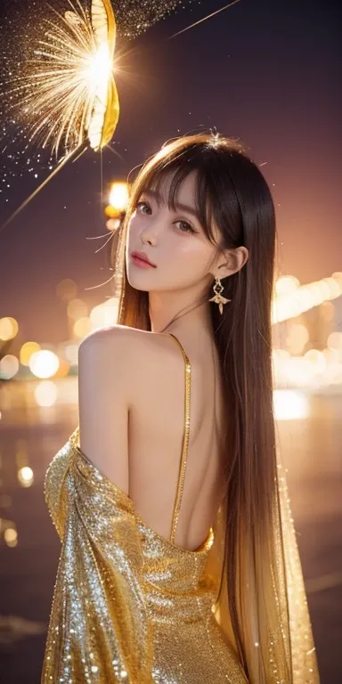 landscape、gem、butterfly、Sparkling、beautiful、Sparklingエフェクト, Simple Background, 、One girl, Long Hair, High resolution, とてもLong Hair, Earrings, Sparklingエフェクト, butterflyのヘアアクセサリー, Bangs,gold髪, Gradient color hairstyle, gold色の目, gold