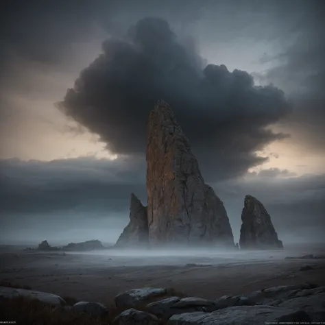 a huge polish oval rock floating in sky mixed among the dark clouds, dark moors landscape, dramatic lighting,hyper detailed,cinematic,dynamic scene,epic scale,photorealistic,8k,unreal engine,award winning digital art, cinematic professional photography, da...