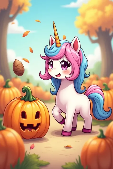 a cute girl unicorn who throws a nut at a pumpkin&#39;s head and laughs her head off in comic style