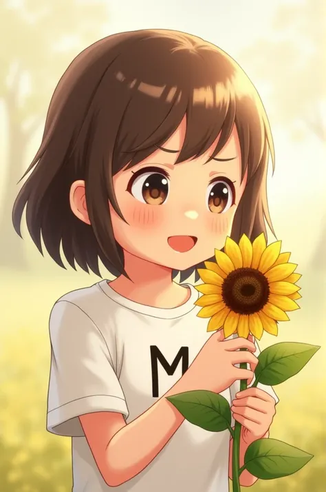 Photo of a cute girl with the letter M written on her shirt.Huong is holding and looking at a sunflower.