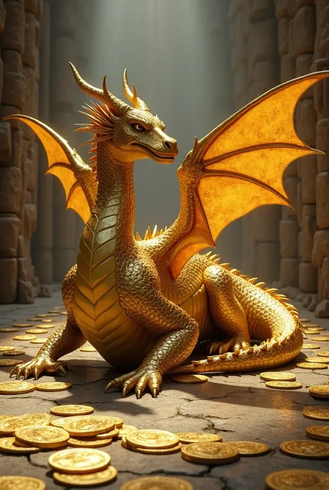 
a giant golden dragon with wings in its lair with several medieval style gold coins



