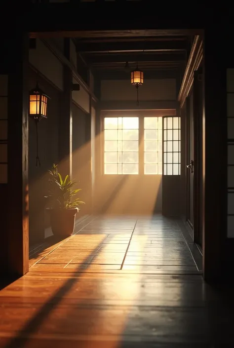 Corridor of an old traditional Japanese inn in the morning。The scene was quiet and empty、Shadows stretch across the wooden floor。The atmosphere is、As if time had stopped、It&#39;s old and quiet。A faint glimmer of morning sunlight filtered through the shoji ...