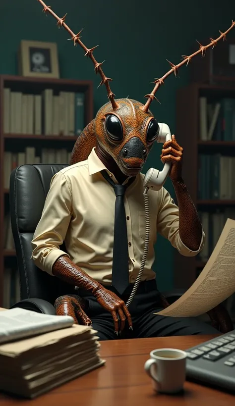 A cockroach is sitting on a chair in front of his desk with a computer, a cup of coffee in front of him, talking on a landline phone and holding a newspaper in his hand.  