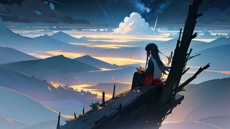 null, star (null), landscape, starry null, night, 1 girl, night null, Alone, Outdoor, cloud, moon, Sitting, Long Hair, CG Association Competition Winner, Fantasy art, 中国landscape, Chinese Fantasy, Chinese Ink Painting, Needle ancient city landscape, 令人印象深刻...