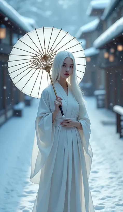 A woman with pure white hair wearing a white yukata and holding a white Japanese umbrella、Heavy snowfall Japanese village night background、Snow Woman、Ultra high definition、Snow falling scene、White belt、
