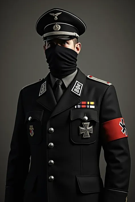 Make a German SS officer in WWII, make him wearing an SS uniform with insignia as a captain, in his SS coat, he has a Nazi Germany flag sewn on his arm, He wears a black cloth on his face covering half of his face and on his head he has an SS officers cap,...