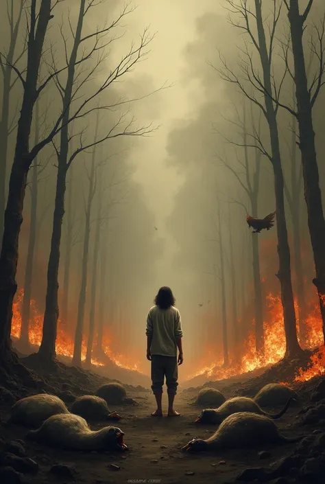 Artwork depicting the helplessness caused by the burning of trees and the deaths of animals 