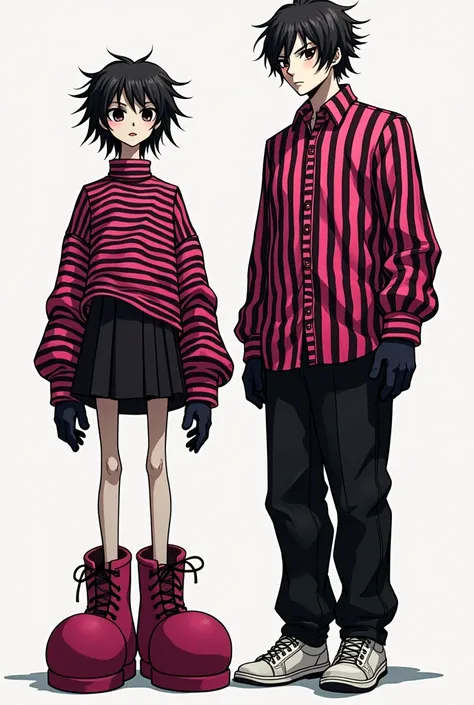 Two more masculine characters, one medium-sized with a pink and black striped shirt, the pink being dark, not too much, and who wears a small skirt with sleeves down to her hands, big shoes that reach to where the skirt of the shirt is, her face being whit...