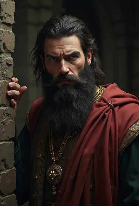 Realistic image of a dark medieval era:
King Solomon black hair and brown beard