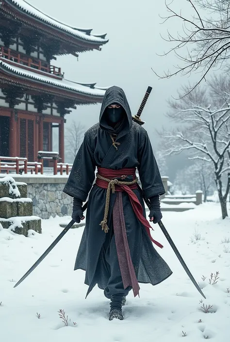 digital art style. Ninja in Snow - A ninja in traditional attire, blending into a snowy landscape outside an ancient Japanese temple. --ar 9:16 --v 5.2 --style raw
