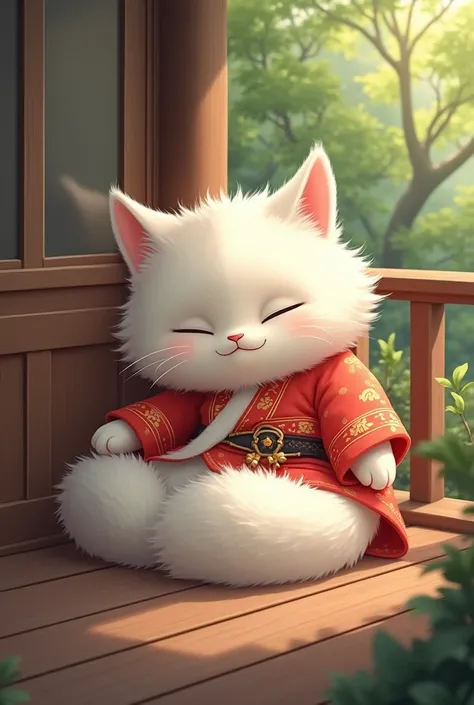 A cute, big-headed, long-haired white cat even at an advanced age、Realistic、Veranda、Sunbathing、Wearing a red kimono