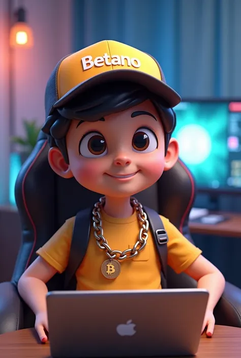 I need a picture of an animated character with a bitcoin chain with a cap saying betano and a shirt sitting in a gamer chair in front of a macbook 