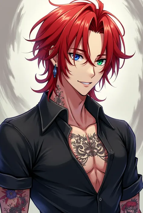 Male, medium length red hair, heterochromia, one blue eye, one green eye, earrings, black button shirt, unbuttoned shirt, tattoos, anime style, man, handsome, bleach style