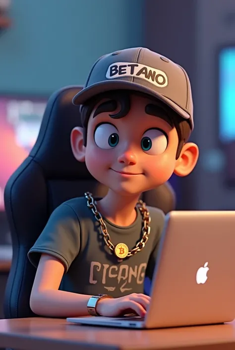 I need a picture of an animated character with a bitcoin chain with a cap saying betano and a shirt sitting in a gamer chair in front of a macbook 