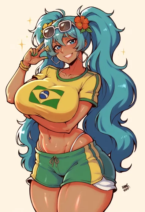 Brazilian Miku, dark skin, Brazilian sportswear, floral headdress, blue super long twin tails, wearing sunglasses on the beach, holding Brazilian soda in hand, Super huge big breasts, breast enlargement, full-body shot, shy smile, ultra-detailed, HDR, vibr...