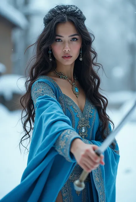 A beautiful girl from 1001 Nights with wavy, long hair and dark eyes and traditional blue or red clothing and jewelry, ca 65 kg, fights in the snow with her dagger.  The existing picture with black eyes.
