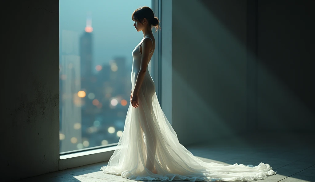 Girl in white sheer long dress, Body Fit Dress, The light was poured onto the girl in the shadows、, side, The quality of the details is excellent、, With the night view from the large window in the room as a background、. Soft Light