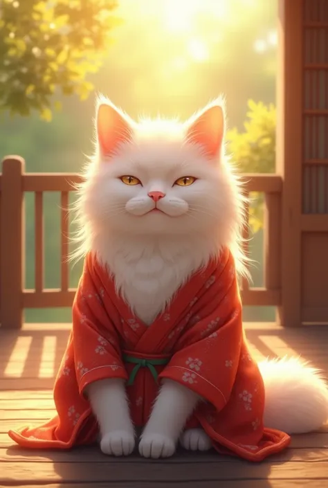 A cute, big-headed, long-haired white cat even at an advanced age、Realistic、Veranda、Sunbathing、Wearing a red kimono、Warm sunlight、A scene filled with happiness、Heartwarming