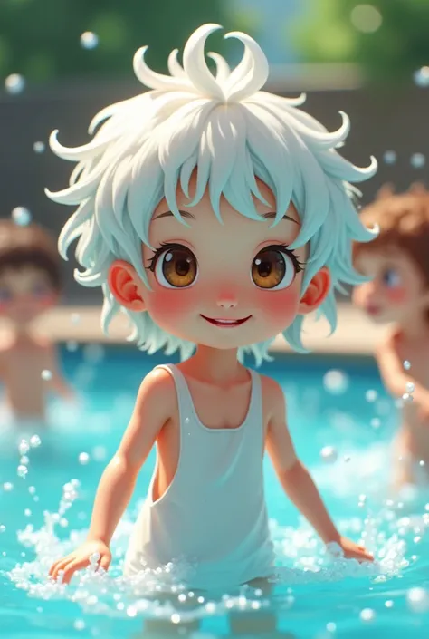 masterpiece、Highest quality、man、White light blue hair、long hair、Curly hair、Nursery school children、shota、1 person、smile、Open your mouth、White Dress、shota、brown Eyes、shota、Boy、Swimwear、Dress-type swimwear、Pool、Throwing water at each other、Splash、Pale skin、F...