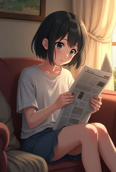 girl sitting on sofa reading paper short black hair