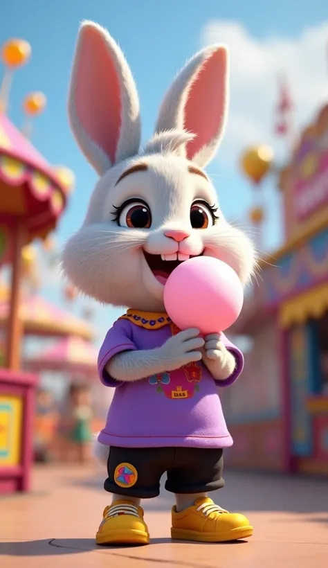  **Bittu(A cute 3D Pixar-style rabbit character with a round face and large, expressive eyes that sparkle with joy. He has soft, fluffy fur in a light grey color, resembling a childs plush toy. Bittu wears a bright red t-shirt with a cheerful smiley face p...