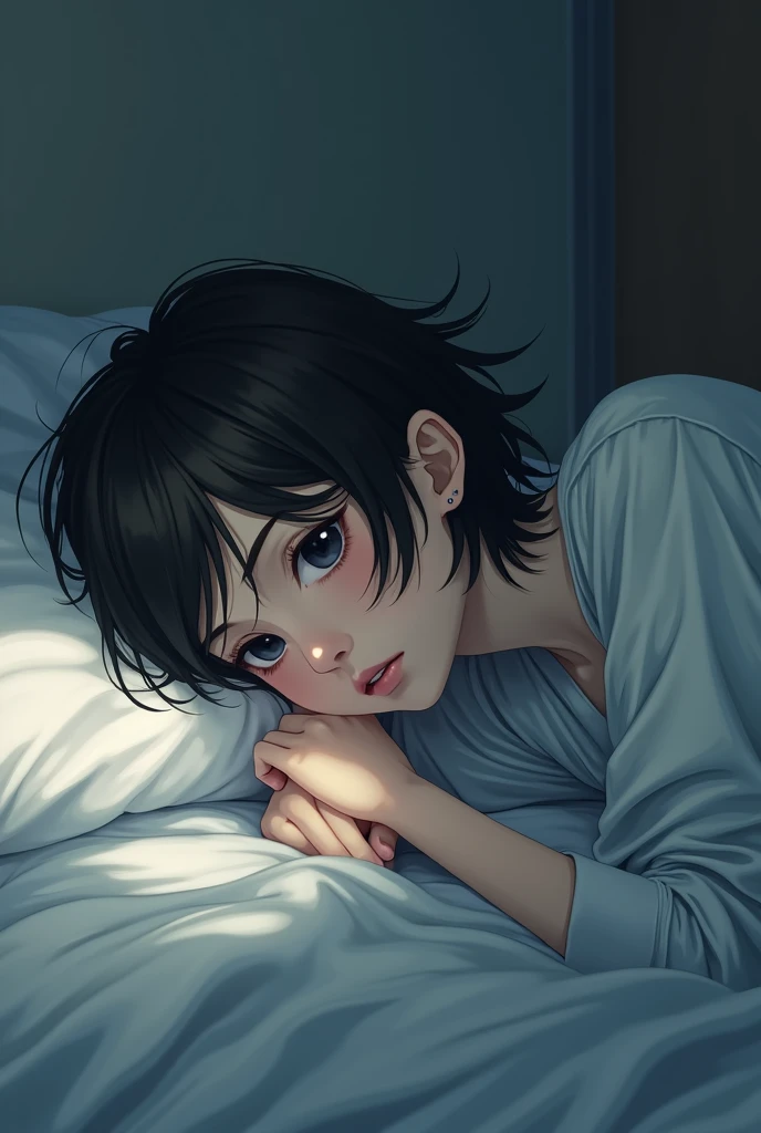 girl laying in bed problematic short black hair