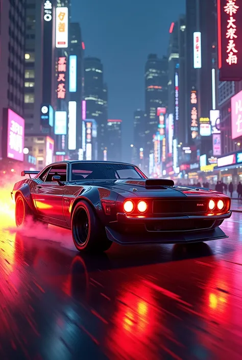 Musclecar with red nitro in a neon city 