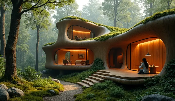 Architectural design, Gaudi-style architecture, modern house made of wood, functional design, calculated traffic flow, moss, warm lighting, building blending into the forest, standing in the forest, moss, if you look closely, there is a person sitting by t...