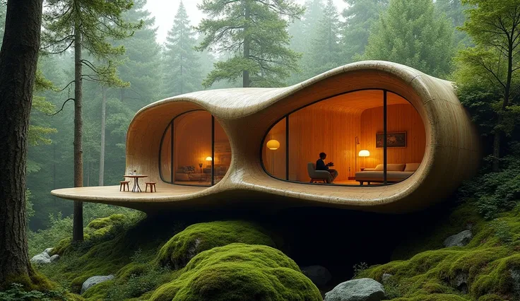 Architectural design, Gaudi-style architecture, modern house made of wood, functional design, calculated traffic flow, moss, warm lighting, building blending into the forest, standing in the forest, moss, if you look closely, there is a person sitting by t...