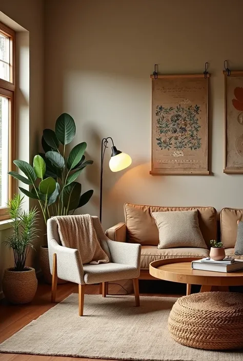 A cozy, aesthetically pleasing living room showcasing various DIY elements (like a statement wall, upcycled furniture, etc.).