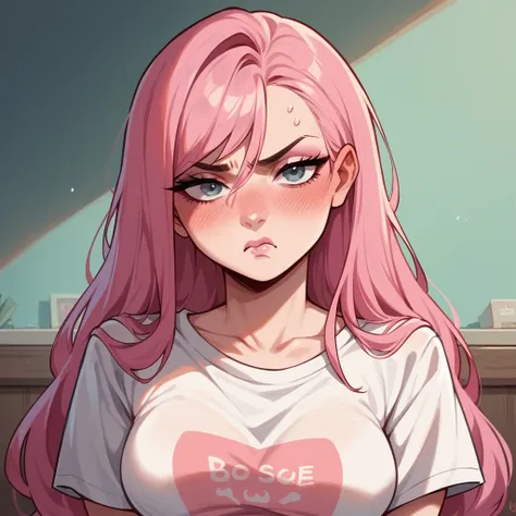 Long Hair, Pink Hair, Medium breasts, Blush, Annoyed, Adult, Pink Lip Gloss, Room, Oversized T-shirt, High Resolution, Looking at viewer, HD