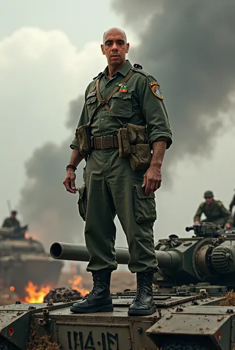 A soldier of the Brazilian Expeditionary Force (FEB), standing on a tank, looks determinedly ahead, on the way to battle. He wears the FEB military uniform, highlighting the insignia of a snake smoking a cigarette on the arm and a Brazilian flag on the che...