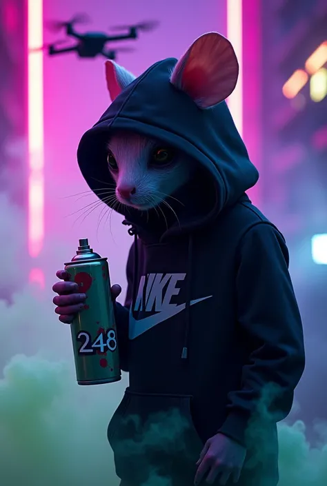 Alien mouse shh silence hoodie all black with nike branding, holding spray can with number 2448 alien, ultra violet neon wallpaper, luzes leds, fog. lime green smoke, special effects, quality 8k, drone sky
