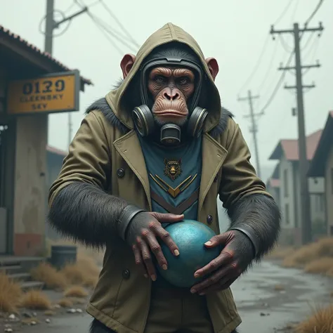 A **realistic anatomy** depiction of a **grey and brown male chimpanzee** wearing a **gas mask with goggles** and a **hood** on his head. The chimpanzee stands against the backdrop of a **destroyed village**, near an **anomaly**, and close to a sign readin...