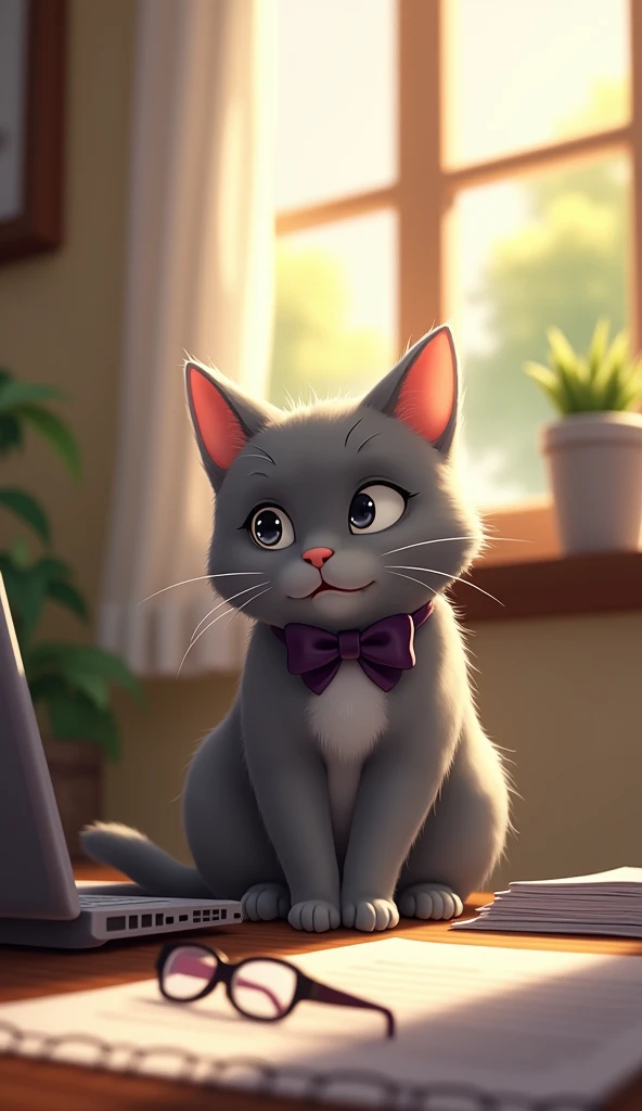 create a realistic picture. In the afternoon in Chloes small office, a neat, slightly tired gray kitten sat in front of her laptop which had been turned off. His dark purple bow tie was tied neatly around his neck, and his tiny glasses were off, placed nex...