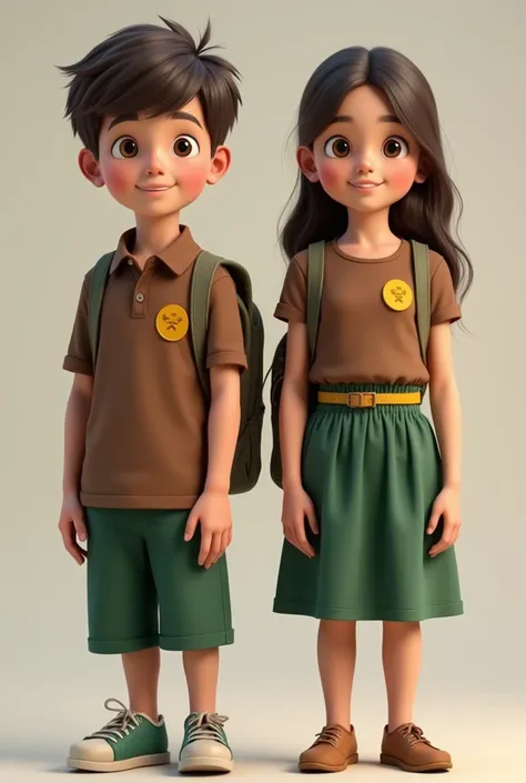 A baby boy who wears a brown polo shirt  and emerald green short with yellow round logo at the left side of shirt
A  girl who wears a brown round neck blouse and green skirt with yellow belt 
With yellow round logo at the left side of shirt
With back pack ...