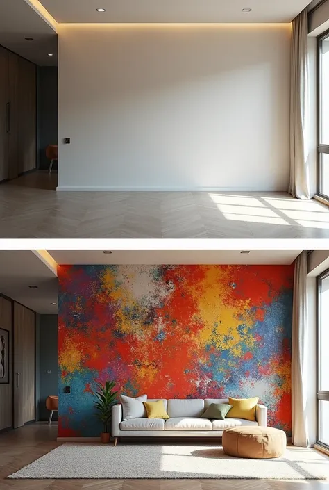 A two image of  one with empty wall looking dull and other with photo of a statement wall transformation, highlighting the bold colors or patterns used.