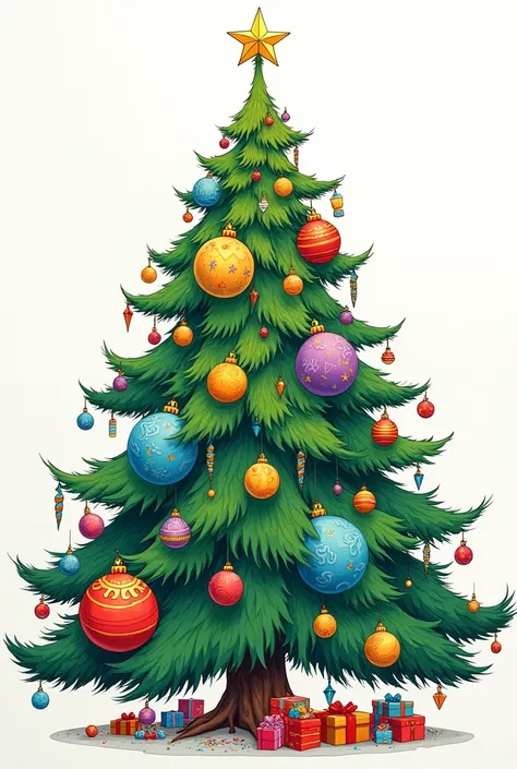 coloring book of a big christmas tree with big christmas ornaments and a star on top