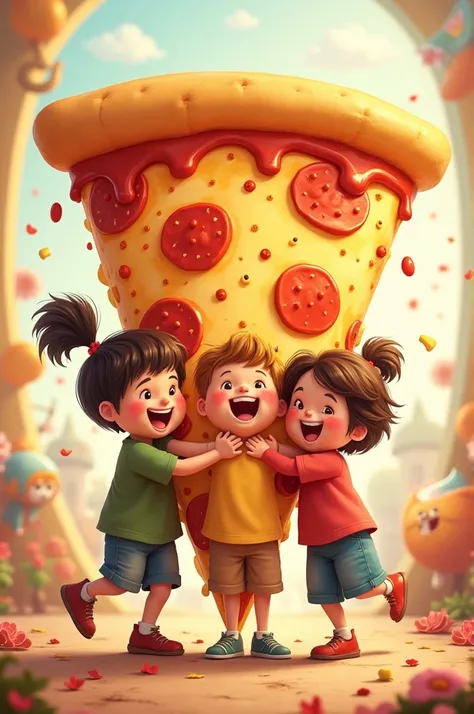 A heartwarming scene of children hugging a giant pizza slice like a best friend, with happy expressions and joyful energy in a playful environment. Cartoon 