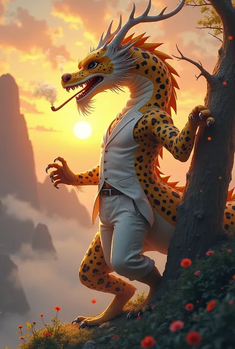 In the wilderness, there is a Chinese dragon wearing a white vest and white trousers. He is tall and has strong chest and abdominal muscles.，The body and arms have leopard-print fur with yellow background and black spots.，Mild eyes, clear black eyes，The br...