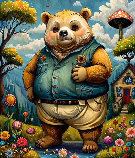 style of jeremiah ketner, (cute, fat, obese, anthro, male, bear), solo, full body, ((pants)), dynamic pose, hires textures, high...