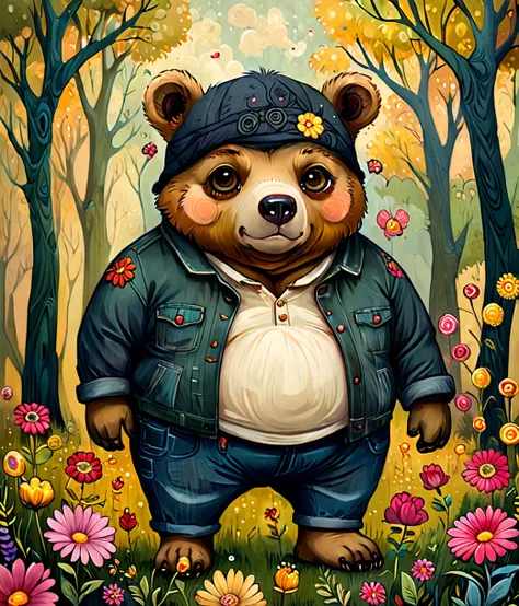 style of jeremiah ketner, (cute, fat, obese, anthro, male, bear), solo, full body, ((pants)), dynamic pose, hires textures, high...