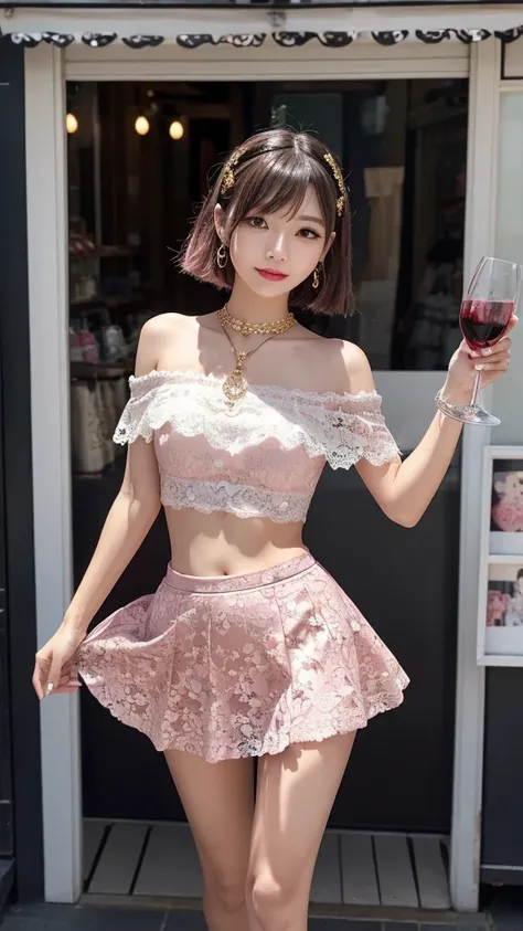 One Japanese person、Cute、slightly round face、Fair-skinned beautiful girl。Her hair is a platinum gold bob.。The outfit is a pink thin lace top.、Tops with floral patterns、Off-the-shoulder tops、The skirt is made of a lot of wine red thin lace.、A skirt with a s...