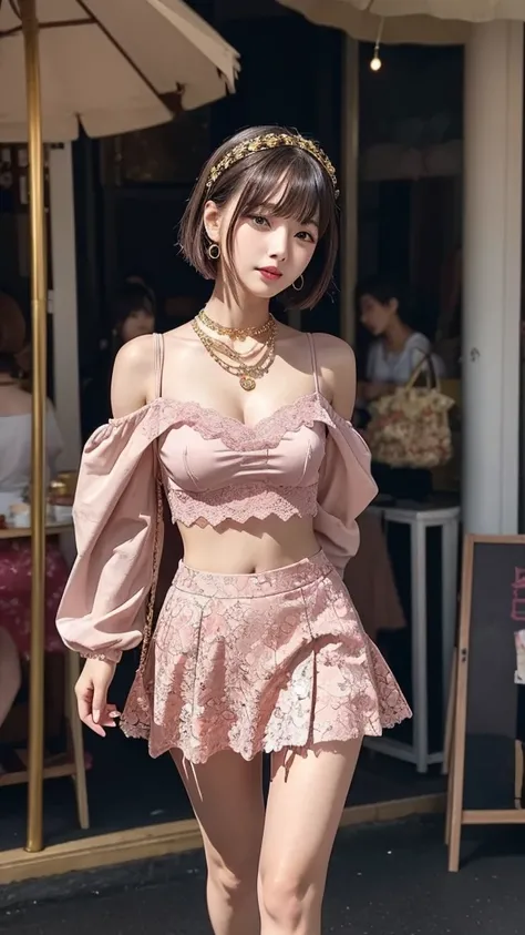 One Japanese person、Cute、slightly round face、Fair-skinned beautiful girl。Her hair is a platinum gold bob.。The outfit is a pink thin lace top.、Tops with floral patterns、Off-the-shoulder tops、The skirt is made of a lot of wine red thin lace.、A skirt with a s...