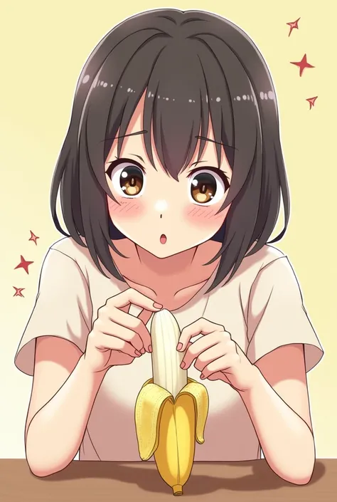 Woman putting a condom on a peeled banana。Anime Style。cute
