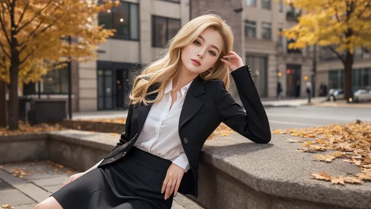 Young girl，Hanging Hair，Blonde，Streetscape，Full body Ezbian，Long legs，Beautiful body structure cover，Ultra-detailed drawings， Amazingly realistic photos，(Casual Hairstyles,:1.2), Incredibly graceful pose, A goddess-like presence，Office Lady、【Black tailored...