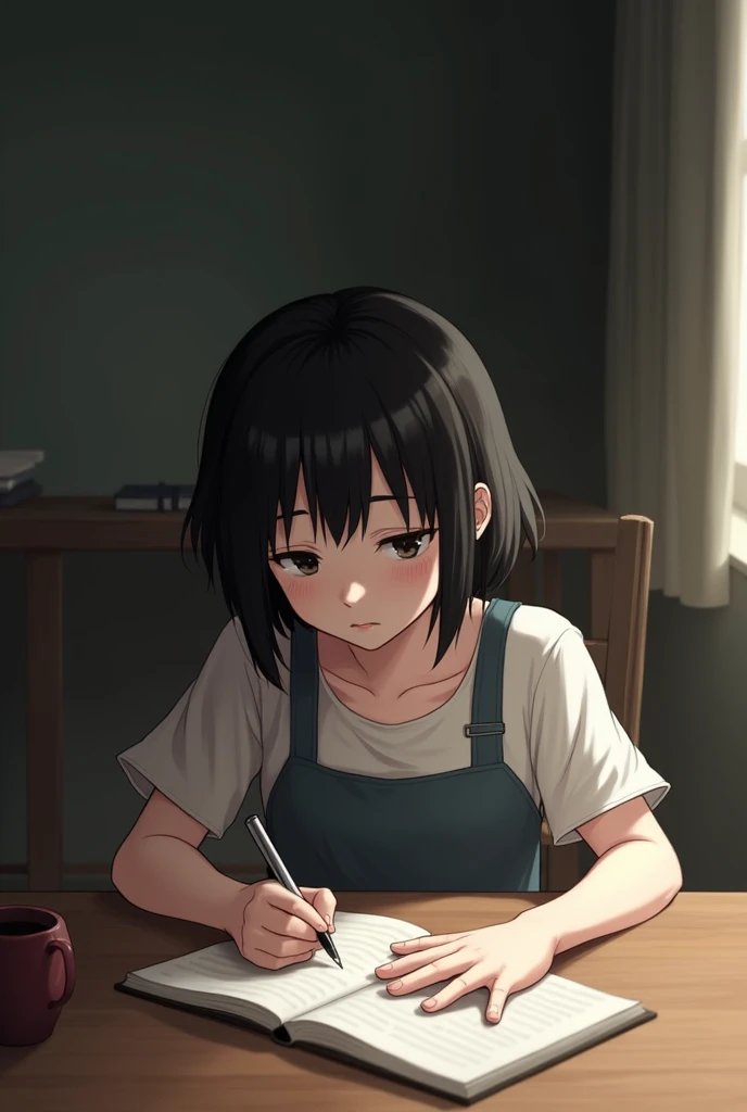 girl writing in table black short hair