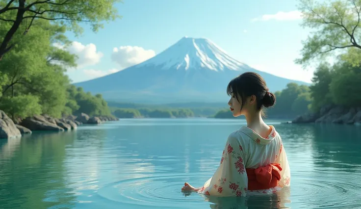 (photorealism:1.2), beautiful japanese woman in a serene river ambient, wearing traditional yukata, mount fiji in the background