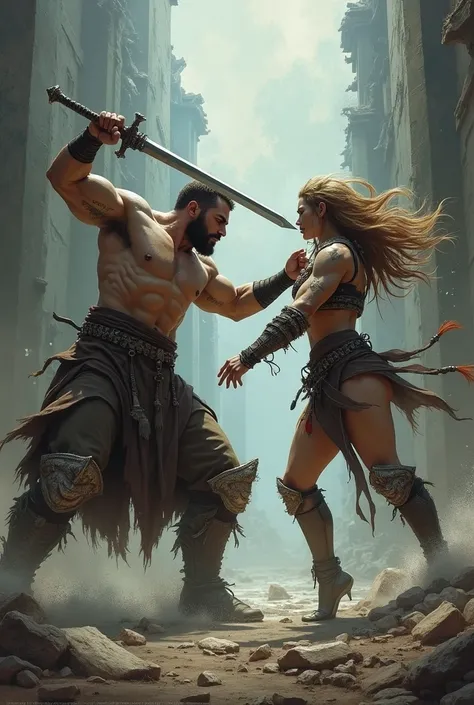 fighting scene, detailed illustration of two warriors in fierce combat, muscular male warrior wielding a sword, female warrior with long hair wielding a staff, dramatic dynamic poses, intense expressions, detailed facial features, gritty fantasy setting, c...